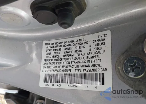 2013 Honda Civic Lx из США, поврежденный, VIN 2HGFB2F53DH504578